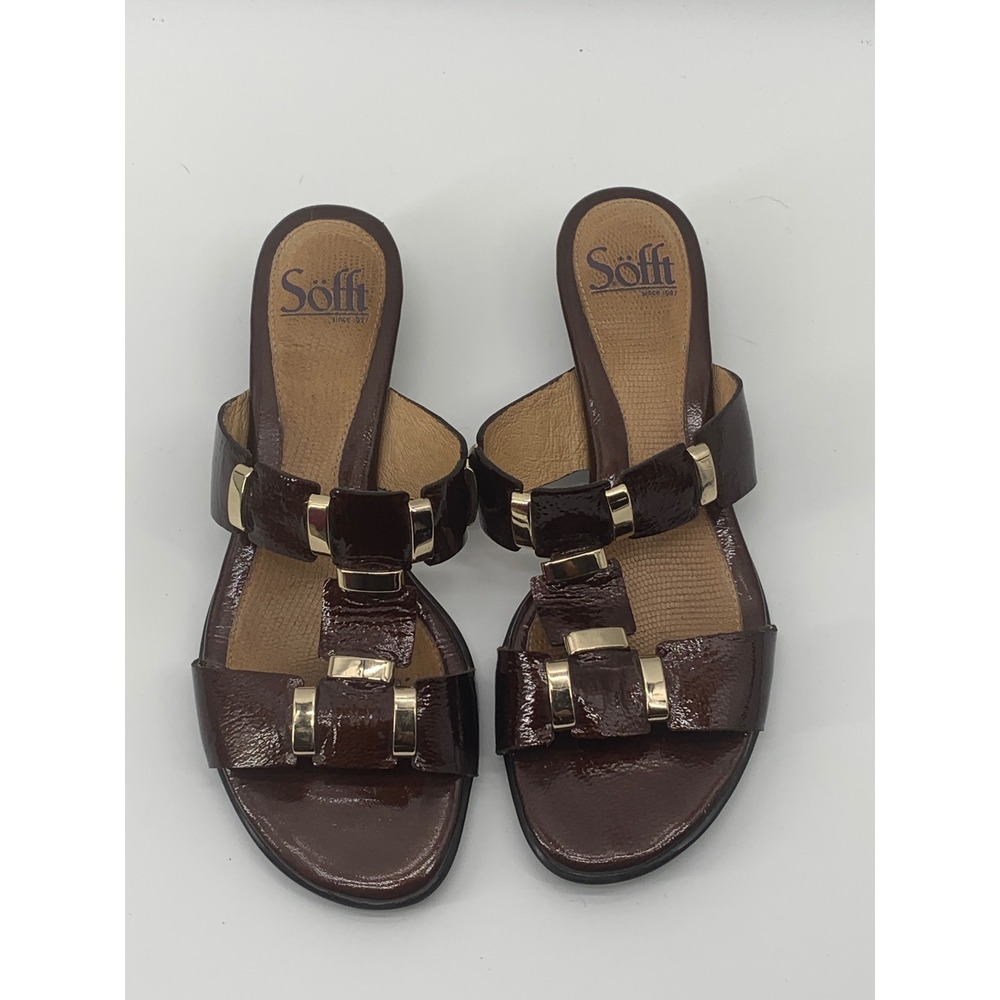 Sofft Womens Brown Patent Leather Slide Sandals Gold Hardware Low Wedge 6.5 M